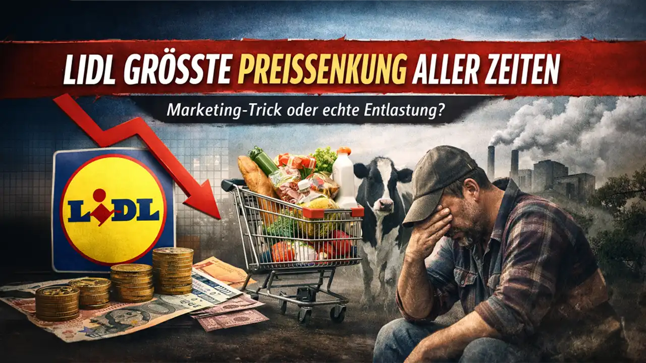 Symbolbild zur „Lidl größte Preissenkung aller Zeiten“ mit fallendem Preispfeil, vollem Einkaufswagen und nachdenklichem Landwirt im Hintergrund.