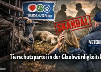 Symbolbild zur Tierschutzpartei Glaubwürdigkeit: Gnadenhof-Szene mit beschlagnahmten Tieren, Veterinäramt und Parteiflagge.