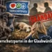 Symbolbild zur Tierschutzpartei Glaubwürdigkeit: Gnadenhof-Szene mit beschlagnahmten Tieren, Veterinäramt und Parteiflagge.