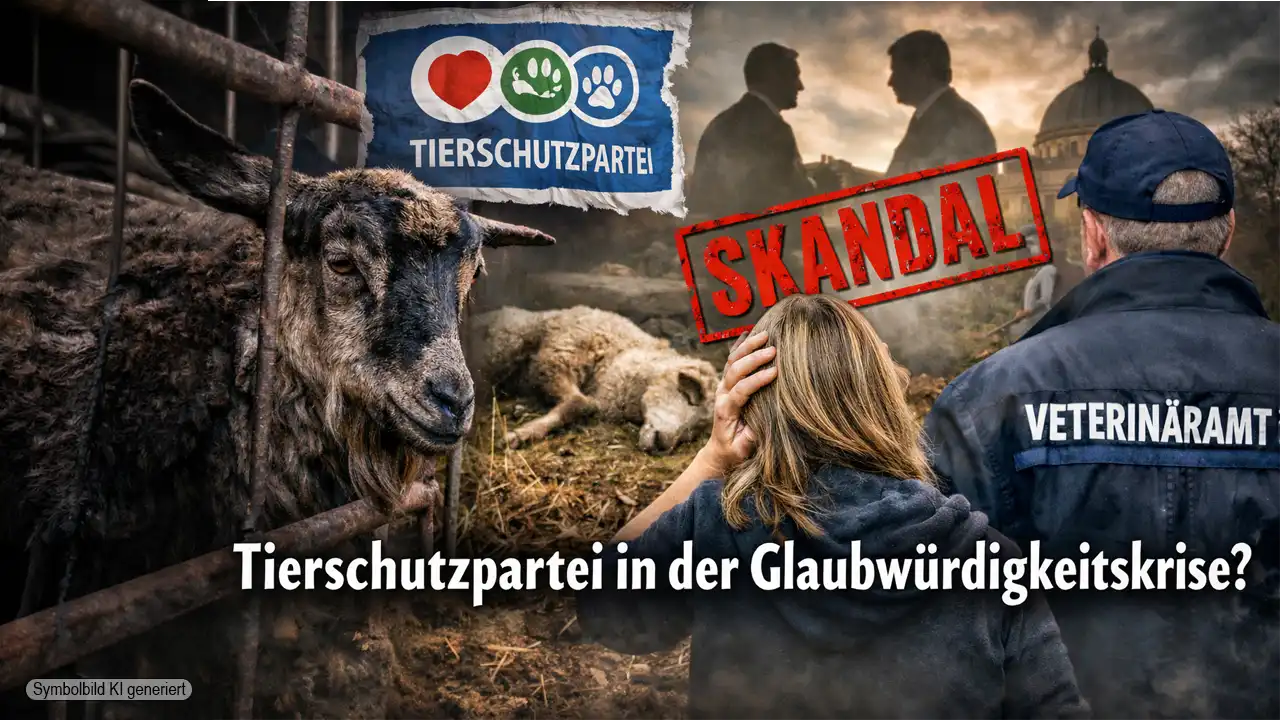 Symbolbild zur Tierschutzpartei Glaubwürdigkeit: Gnadenhof-Szene mit beschlagnahmten Tieren, Veterinäramt und Parteiflagge.