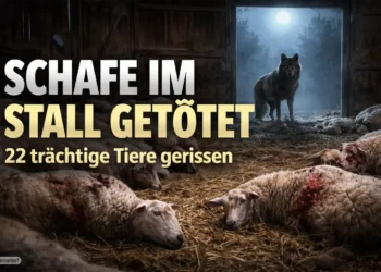 Schafe im Stall getötet – mehrere tote Tiere liegen im Stroh, während ein Wolf im Eingang des Stalls steht.