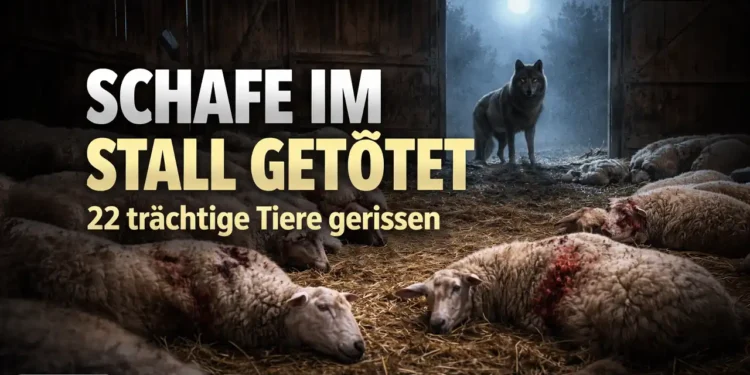 Ein gruseliger Lärm im Stall – 22 trächtige Schafe getötet und viele offene Fragen 11 Schafe im Stall getötet – mehrere tote Tiere liegen im Stroh, während ein Wolf im Eingang des Stalls steht.