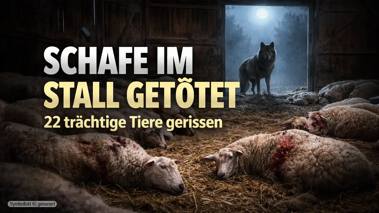 Schafe im Stall getötet – mehrere tote Tiere liegen im Stroh, während ein Wolf im Eingang des Stalls steht.
