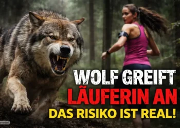 Wolf greift Läuferin an: Ein fletschender Wolf stürmt im Wald auf eine Joggerin zu, dramatische Szene mit Warncharakter.