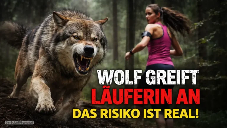 Wolf greift Läuferin an: Ein fletschender Wolf stürmt im Wald auf eine Joggerin zu, dramatische Szene mit Warncharakter.