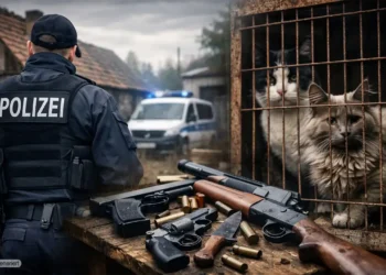 Polizeibeamter bei Durchsuchung in Römhild, sichergestellte Waffen auf einem Tisch, zwei Katzen hinter Gitter – Symbolbild zur Razzia Römhild Katzenhaltung.
