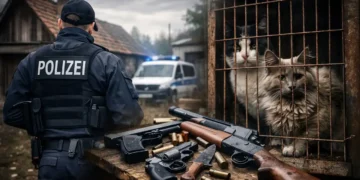 Polizeibeamter bei Durchsuchung in Römhild, sichergestellte Waffen auf einem Tisch, zwei Katzen hinter Gitter – Symbolbild zur Razzia Römhild Katzenhaltung.