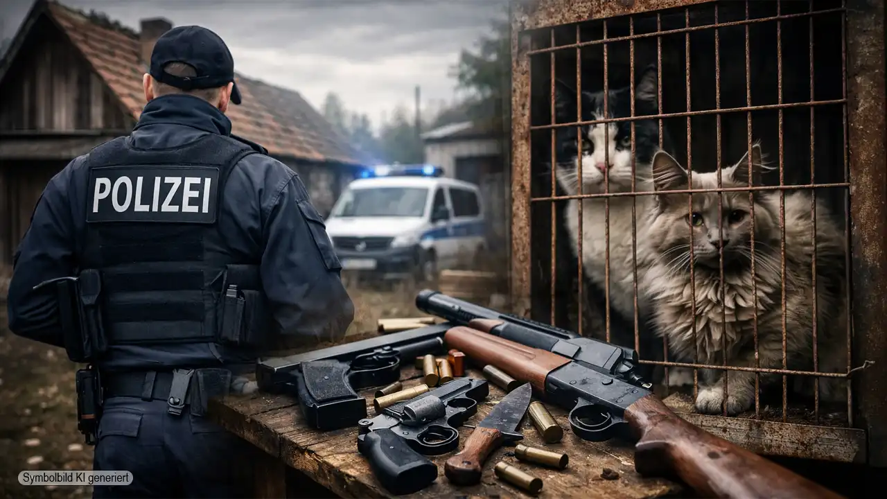 Polizeibeamter bei Durchsuchung in Römhild, sichergestellte Waffen auf einem Tisch, zwei Katzen hinter Gitter – Symbolbild zur Razzia Römhild Katzenhaltung.