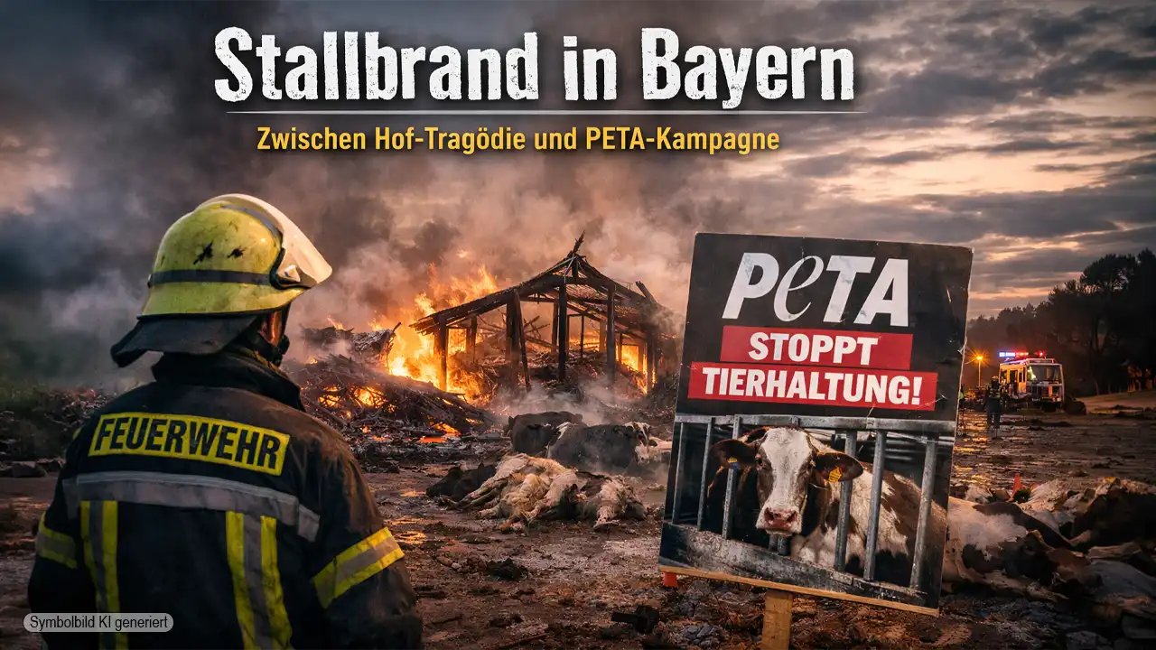Feuerwehr vor brennendem Stall in Bayern nach schwerem Brand – Symbolbild zur Debatte um Stallbrand Bayern Landwirtschaft und Kritik von PETA.