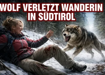 Wolf verletzt Wanderin Südtirol – dramatische Szene einer Wolfsbegegnung im verschneiten Wald der Alpenregion.