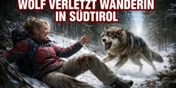 Wolf verletzt Wanderin Südtirol – dramatische Szene einer Wolfsbegegnung im verschneiten Wald der Alpenregion.