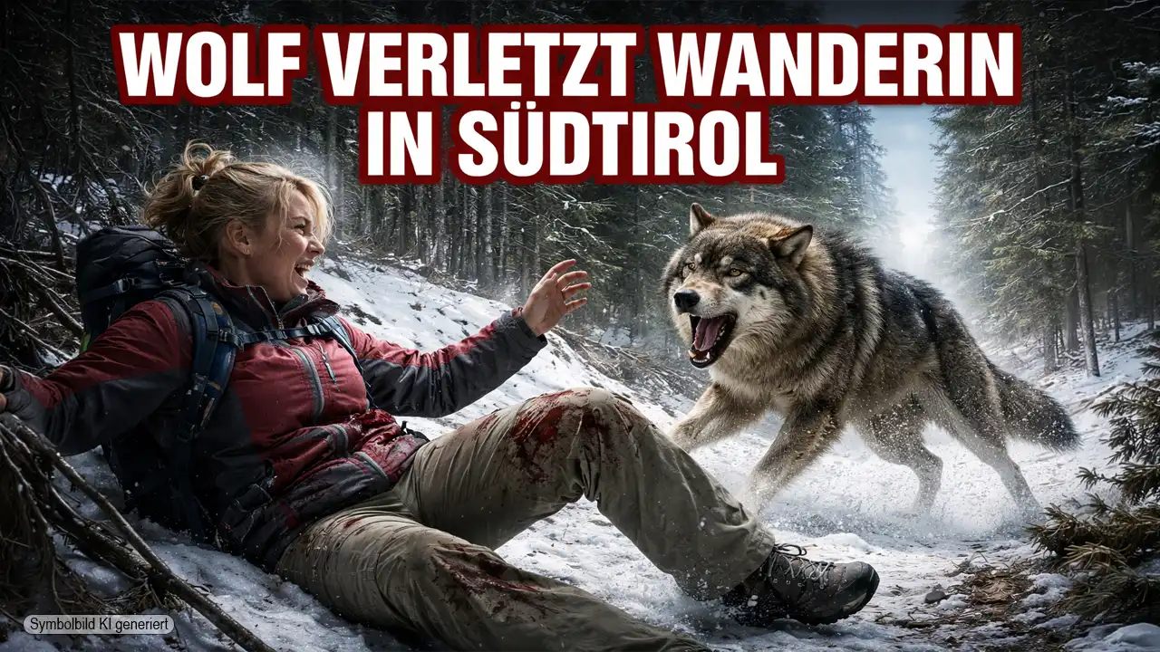 Wolf verletzt Wanderin Südtirol – dramatische Szene einer Wolfsbegegnung im verschneiten Wald der Alpenregion.