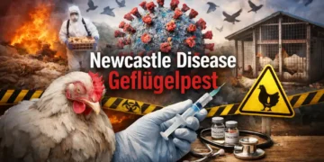 Warnung vor Newcastle Disease im Landkreis München: Wenn eine alte Tierseuche plötzlich wieder aktuell wird 20 Symbolbild zur Newcastle Disease: krankes Huhn, Virusdarstellung, Impfstoff und Geflügelstall verdeutlichen die Gefahr der Geflügelpest.