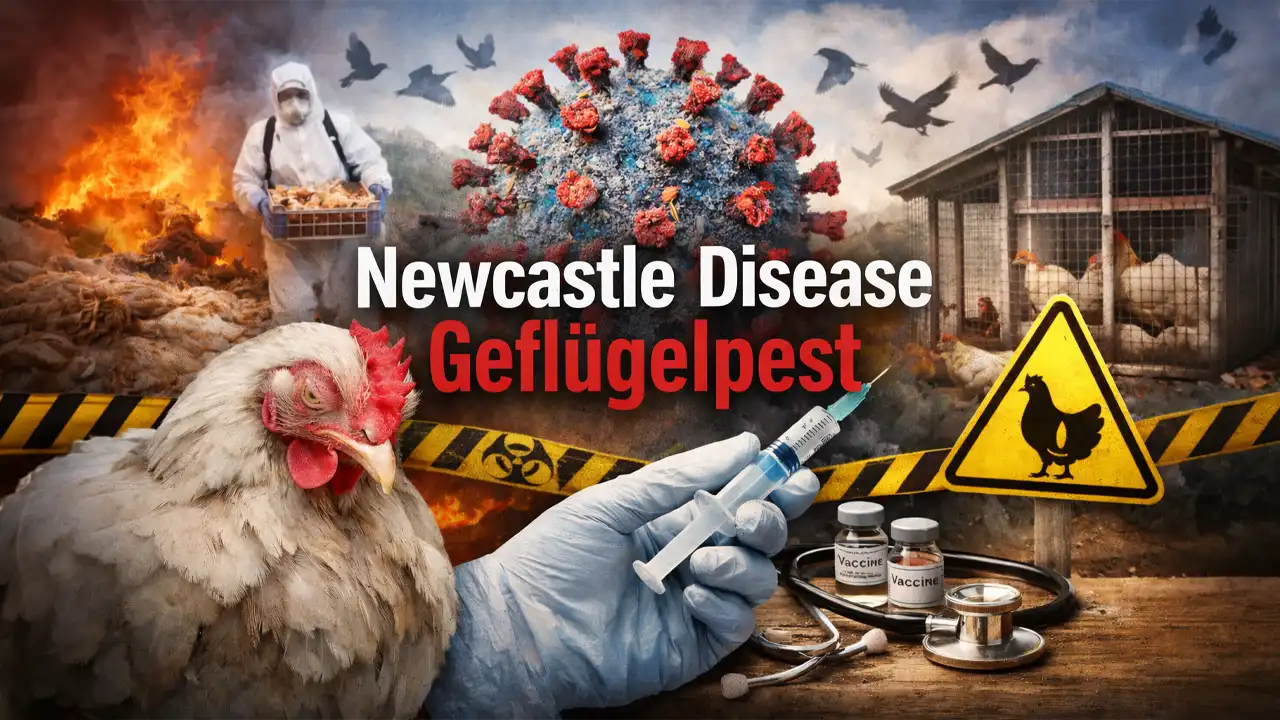 Symbolbild zur Newcastle Disease: krankes Huhn, Virusdarstellung, Impfstoff und Geflügelstall verdeutlichen die Gefahr der Geflügelpest.