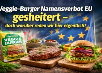 Titelbild zum Thema Veggie-Burger Namensverbot EU: Veganer Burger und veganes Steak vor EU-Flagge als Symbol der Debatte um Produktbezeichnungen.