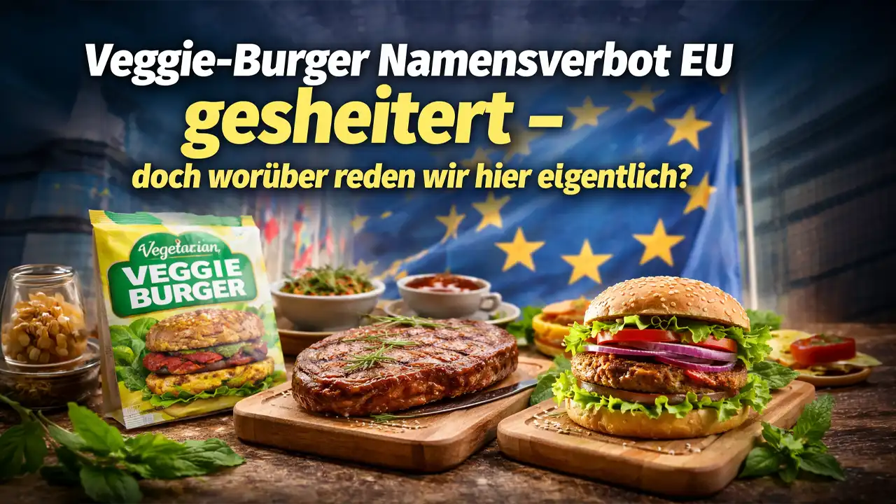 Titelbild zum Thema Veggie-Burger Namensverbot EU: Veganer Burger und veganes Steak vor EU-Flagge als Symbol der Debatte um Produktbezeichnungen.