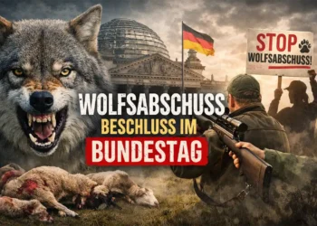 Symbolbild zur politischen Entscheidung: Wolf vor dem Reichstag, Jäger und Protest gegen Wolfsabschüsse – Debatte um Wolfsabschuss Bundestag.