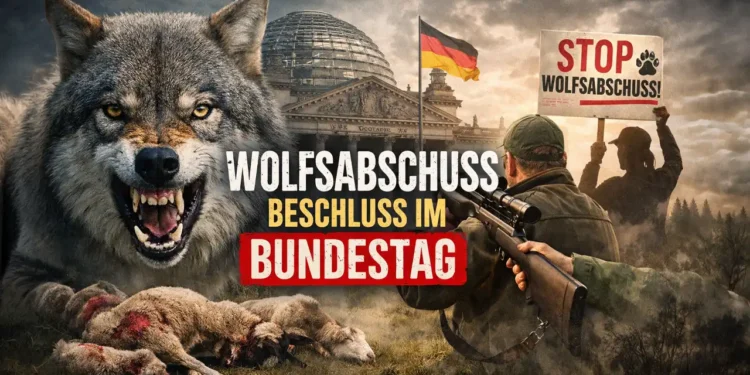 Symbolbild zur politischen Entscheidung: Wolf vor dem Reichstag, Jäger und Protest gegen Wolfsabschüsse – Debatte um Wolfsabschuss Bundestag.