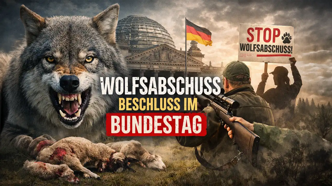Symbolbild zur politischen Entscheidung: Wolf vor dem Reichstag, Jäger und Protest gegen Wolfsabschüsse – Debatte um Wolfsabschuss Bundestag.