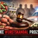 Symbolbild zum Wilke Wurstskandal Prozess: kontaminierte Wurst mit Listerien, Richterhammer und Polizeiwagen stehen für den bevorstehenden Gerichtsprozess.