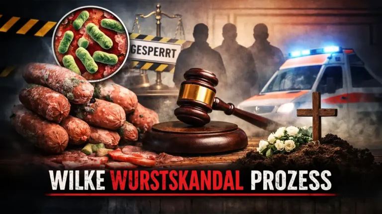 Symbolbild zum Wilke Wurstskandal Prozess: kontaminierte Wurst mit Listerien, Richterhammer und Polizeiwagen stehen für den bevorstehenden Gerichtsprozess.