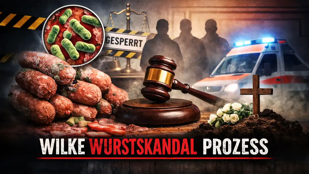 Symbolbild zum Wilke Wurstskandal Prozess: kontaminierte Wurst mit Listerien, Richterhammer und Polizeiwagen stehen für den bevorstehenden Gerichtsprozess.