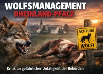 Wolf steht vor einem toten Pferd auf einer Weide – Symbolbild zur Kritik am Wolfsmanagement Rheinland-Pfalz und fehlenden Präventionsmaßnahmen.