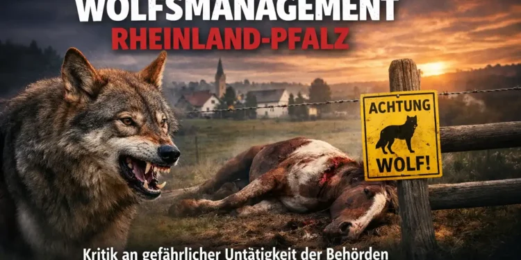 Wolf steht vor einem toten Pferd auf einer Weide – Symbolbild zur Kritik am Wolfsmanagement Rheinland-Pfalz und fehlenden Präventionsmaßnahmen.