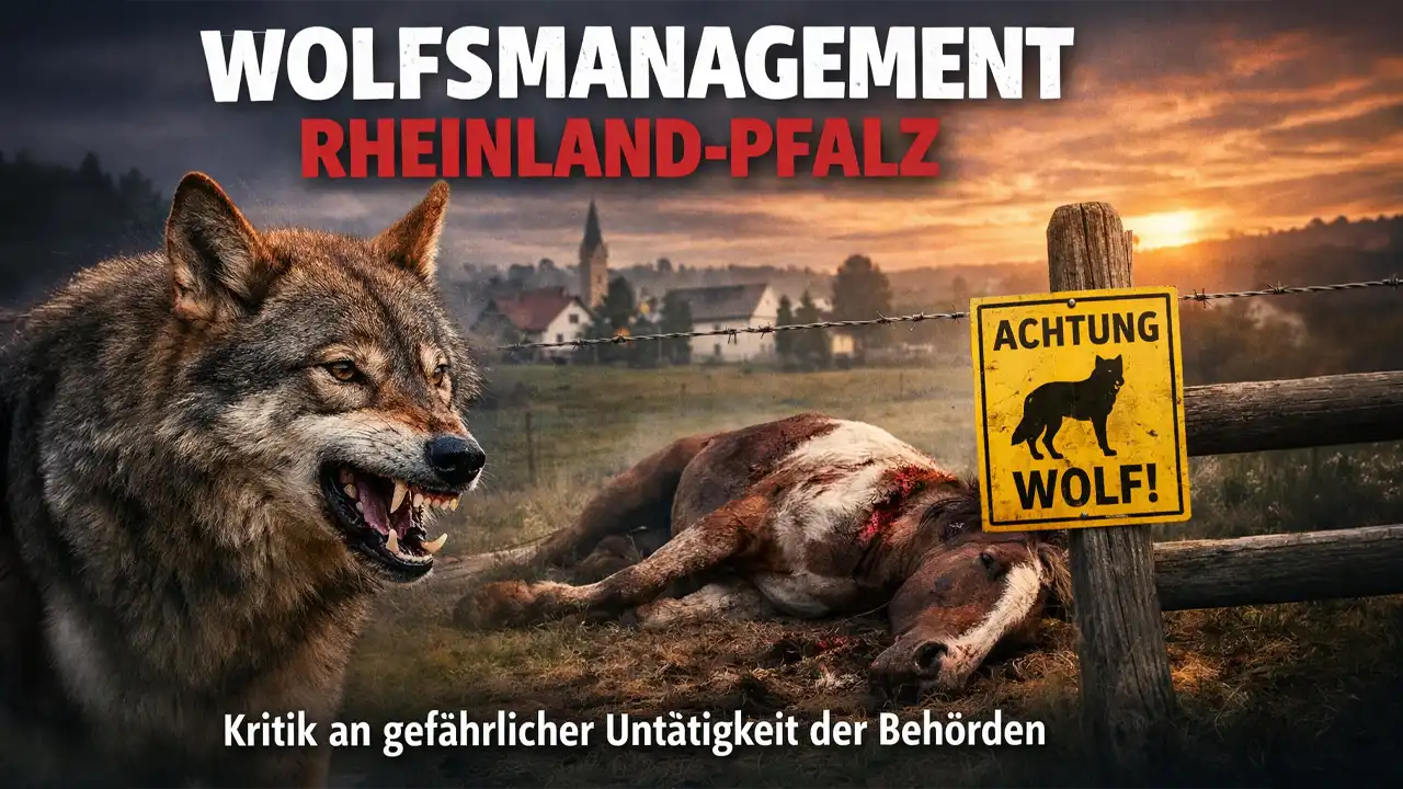 Wolf steht vor einem toten Pferd auf einer Weide – Symbolbild zur Kritik am Wolfsmanagement Rheinland-Pfalz und fehlenden Präventionsmaßnahmen.