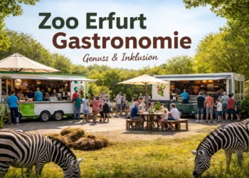 Food-Trailer im Zoo mit Besuchern und Blick auf Zebras – neue Zoo Erfurt Gastronomie erweitert das Angebot des Zooparks.