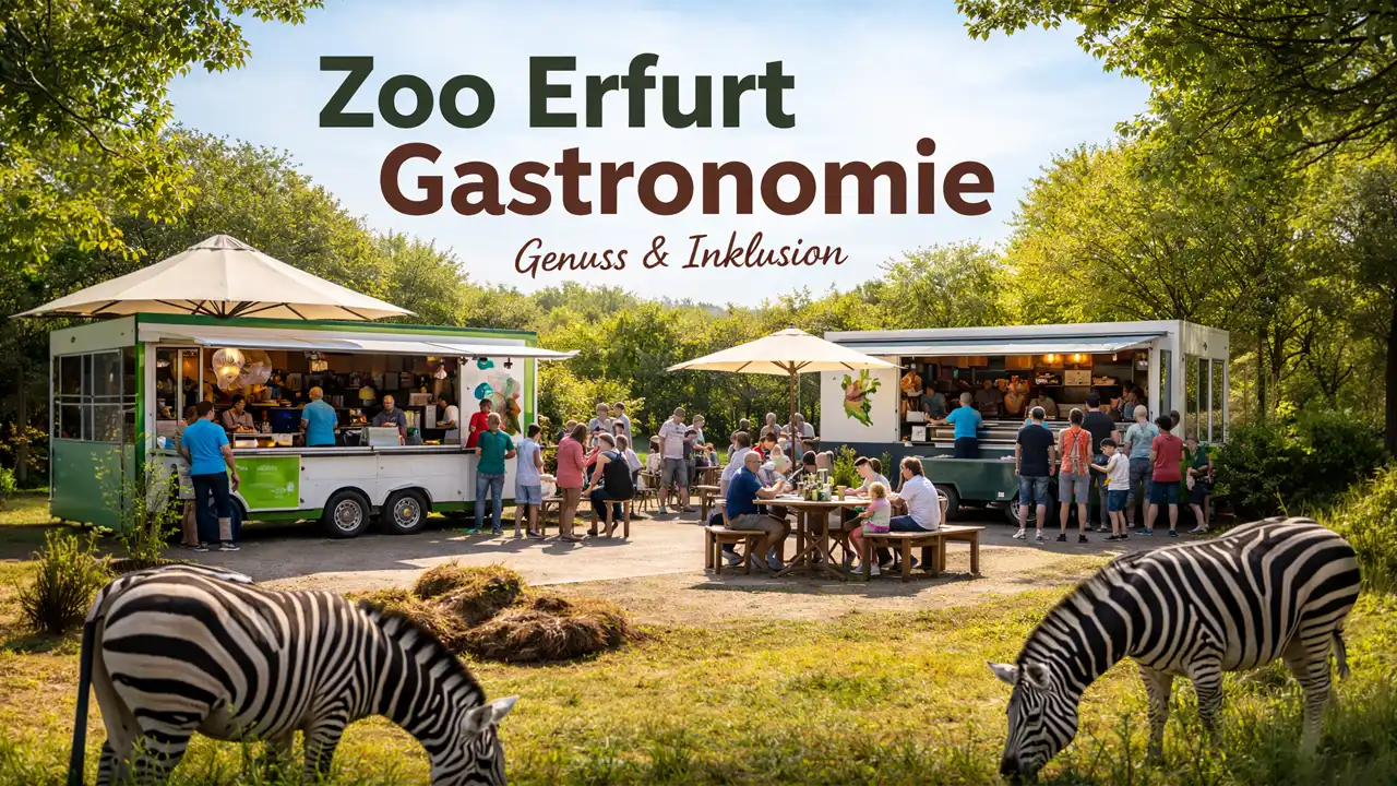 Food-Trailer im Zoo mit Besuchern und Blick auf Zebras – neue Zoo Erfurt Gastronomie erweitert das Angebot des Zooparks.