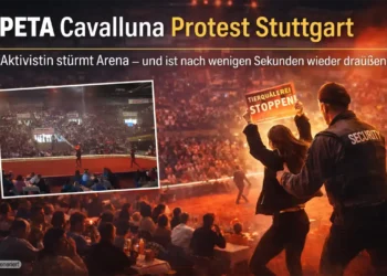 PETA-Aktivistin stürmt Arena der Pferdeshow Cavalluna in Stuttgart und wird von Security hinausgeführt – Szene aus dem PETA Cavalluna Protest Stuttgart.