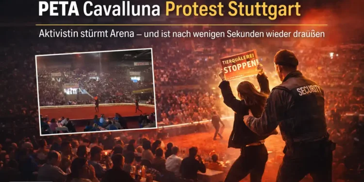 PETA-Aktivistin stürmt Arena der Pferdeshow Cavalluna in Stuttgart und wird von Security hinausgeführt – Szene aus dem PETA Cavalluna Protest Stuttgart.