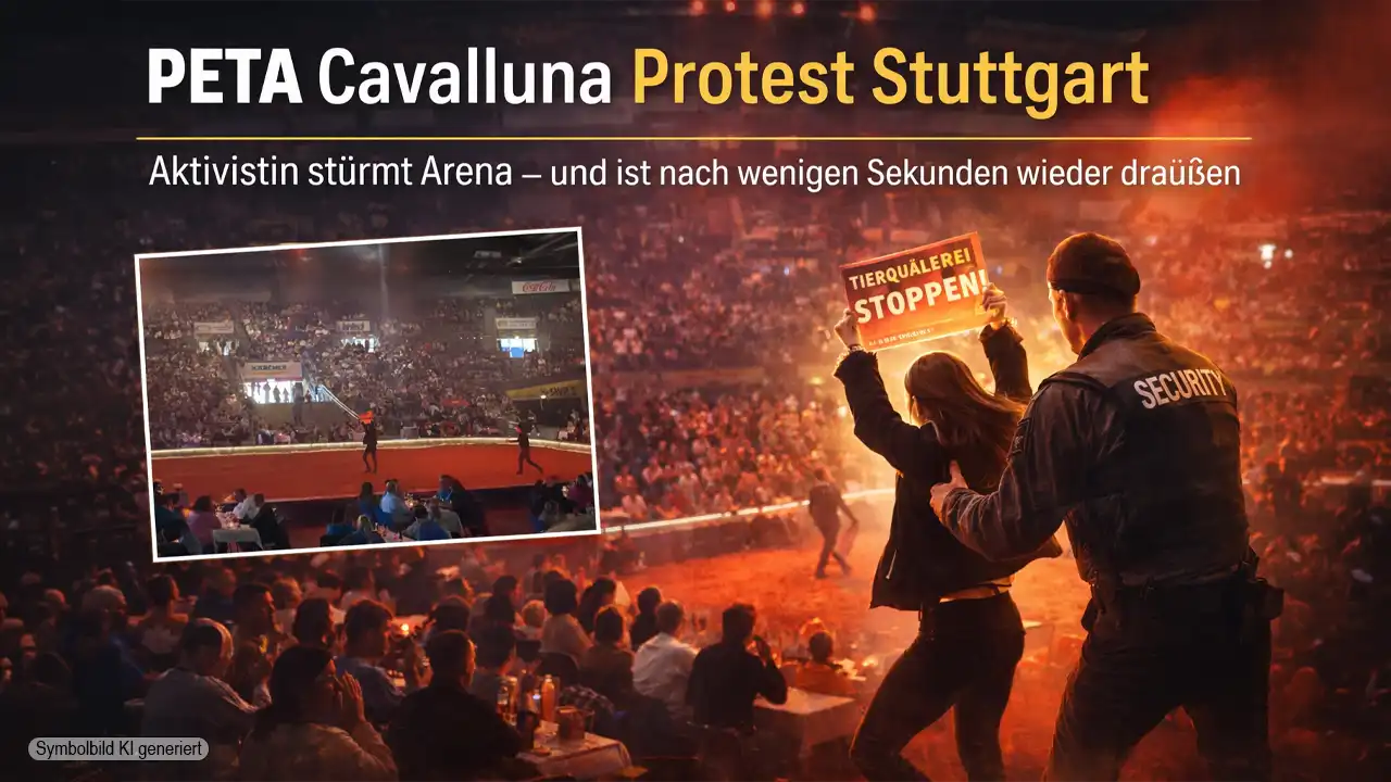 PETA-Aktivistin stürmt Arena der Pferdeshow Cavalluna in Stuttgart und wird von Security hinausgeführt – Szene aus dem PETA Cavalluna Protest Stuttgart.