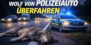 Toter Wolf auf der Autobahn nach Unfall mit Polizeiauto – Wolf von Polizeiauto überfahren auf der A5 bei Walldorf.
