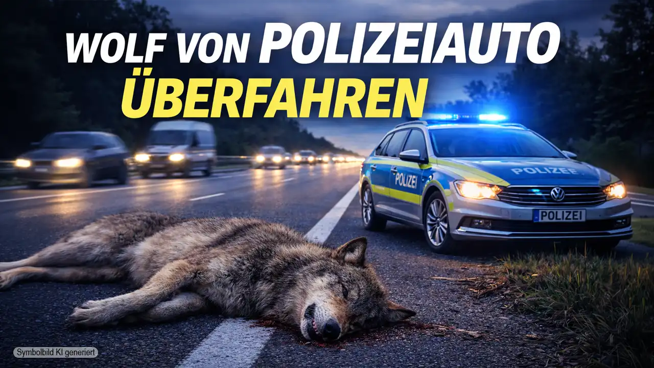 Toter Wolf auf der Autobahn nach Unfall mit Polizeiauto – Wolf von Polizeiauto überfahren auf der A5 bei Walldorf.