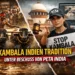 Darstellung eines traditionellen Kambala-Büffelrennens in Indien, während im Hintergrund eine Aktivistin von PETA India gegen die Kambala Indien Tradition protestiert.