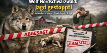 Wolf im Nordschwarzwald vor Weide mit totem Schaf und Landwirt – Jagd auf Problemwolf gestoppt, Abschussgenehmigung ausgelaufen.