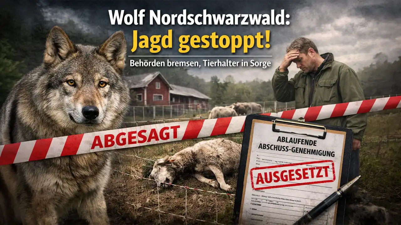 Wolf im Nordschwarzwald vor Weide mit totem Schaf und Landwirt – Jagd auf Problemwolf gestoppt, Abschussgenehmigung ausgelaufen.