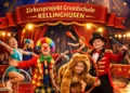 Kinder als Artisten, Clowns und Dompteure beim Zirkusprojekt Grundschule Kellinghusen in einer Manege unter einem großen Zirkuszelt.