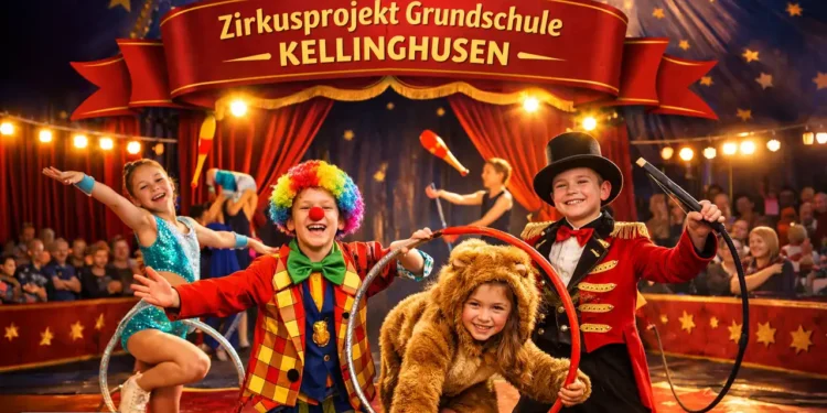 Kinder als Artisten, Clowns und Dompteure beim Zirkusprojekt Grundschule Kellinghusen in einer Manege unter einem großen Zirkuszelt.