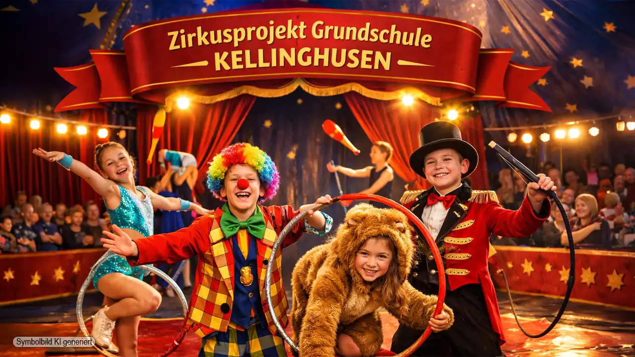 Kinder als Artisten, Clowns und Dompteure beim Zirkusprojekt Grundschule Kellinghusen in einer Manege unter einem großen Zirkuszelt.