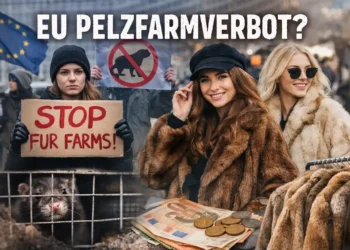 Demonstranten gegen Pelzfarmen vor EU-Gebäude, daneben junge Frauen mit Vintage-Pelzmänteln – Symbolbild zur Debatte um das EU Pelzfarmverbot.