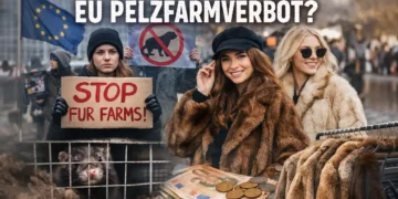 Demonstranten gegen Pelzfarmen vor EU-Gebäude, daneben junge Frauen mit Vintage-Pelzmänteln – Symbolbild zur Debatte um das EU Pelzfarmverbot.