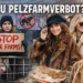 Demonstranten gegen Pelzfarmen vor EU-Gebäude, daneben junge Frauen mit Vintage-Pelzmänteln – Symbolbild zur Debatte um das EU Pelzfarmverbot.