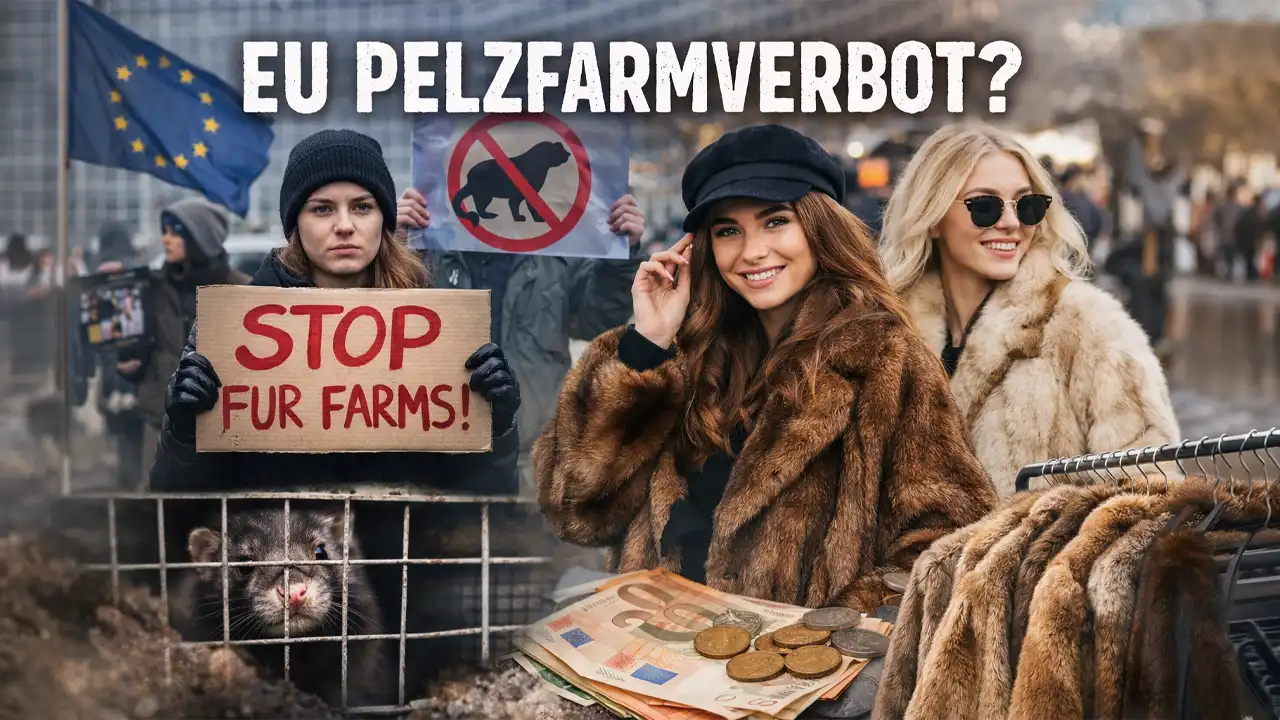 Demonstranten gegen Pelzfarmen vor EU-Gebäude, daneben junge Frauen mit Vintage-Pelzmänteln – Symbolbild zur Debatte um das EU Pelzfarmverbot.