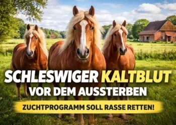 Drei Schleswiger Kaltblut Pferde stehen auf einer grünen Weide vor einem Bauernhof – Symbolbild für das bedrohte Schleswiger Kaltblut und das geplante Zuchtprogramm.
