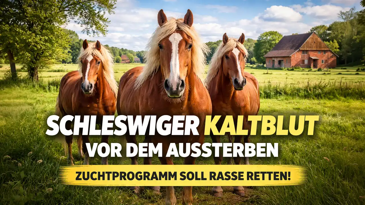 Drei Schleswiger Kaltblut Pferde stehen auf einer grünen Weide vor einem Bauernhof – Symbolbild für das bedrohte Schleswiger Kaltblut und das geplante Zuchtprogramm.