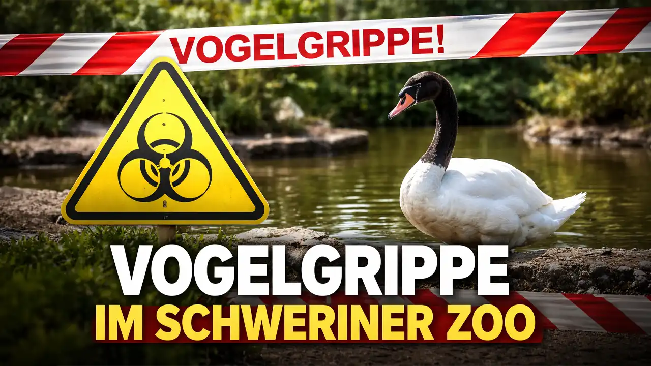 Warnschild vor Vogelgrippe und Schwarzhalsschwan im Zoo – Symbolbild für den Vogelgrippe Schweriner Zoo Fall.
