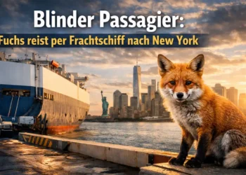 Rotfuchs sitzt im Hafen vor einem Frachtschiff mit Skyline von New York – Blinder Passagier Fuchs nach Atlantikreise entdeckt.